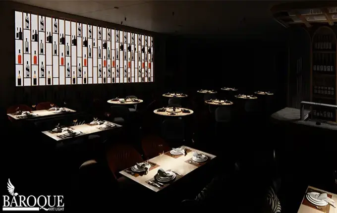 a picture of a restaurant using baroque art light track lights